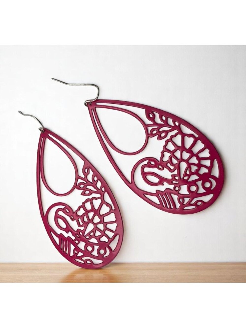 Large Pink Floral Teardrop Dangle Earrings Laser Cut Metal Retro 90s